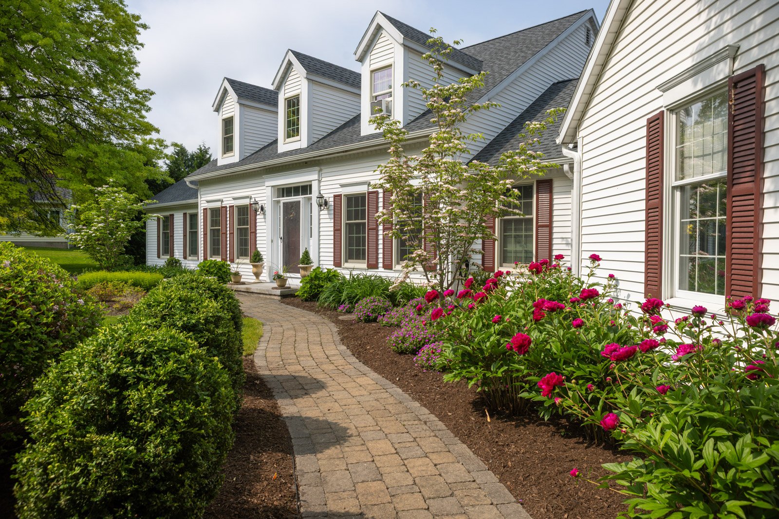planting bed mulch peony concrete paver walkway flowers entry