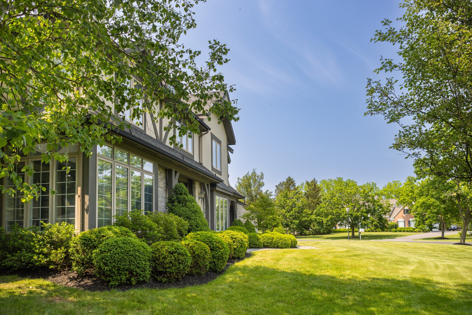 shrubs planting bed home nice lawn trees