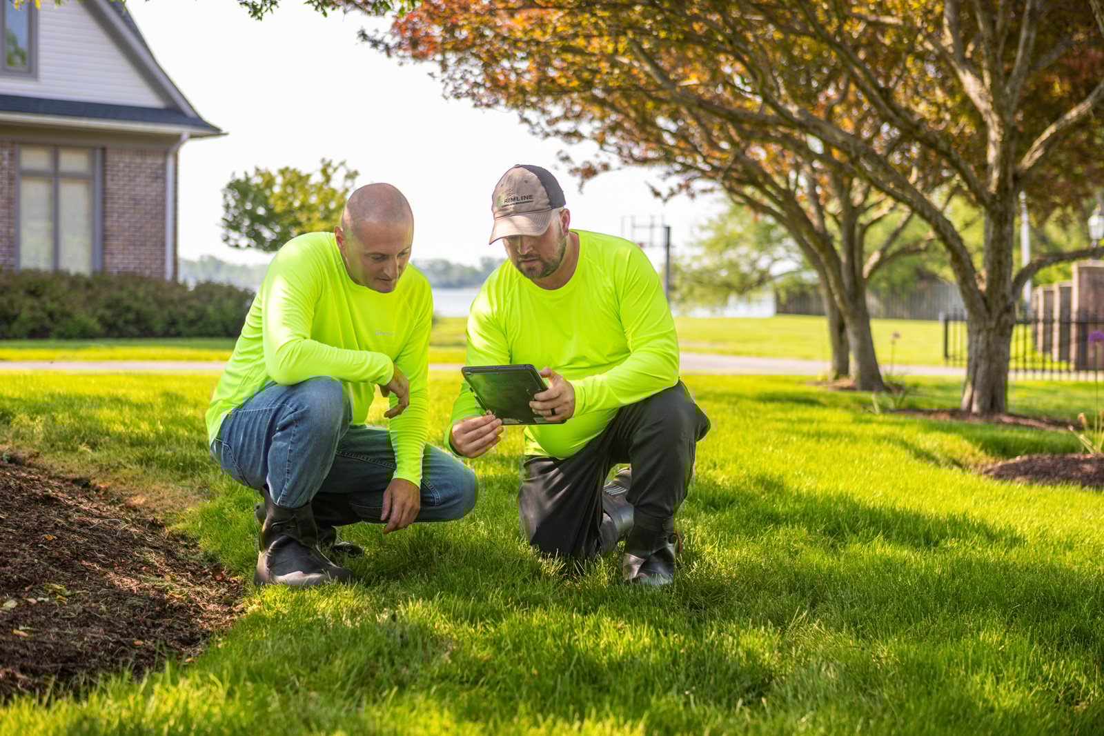 lawn care techs inspecting a lawn for issues to diagnose